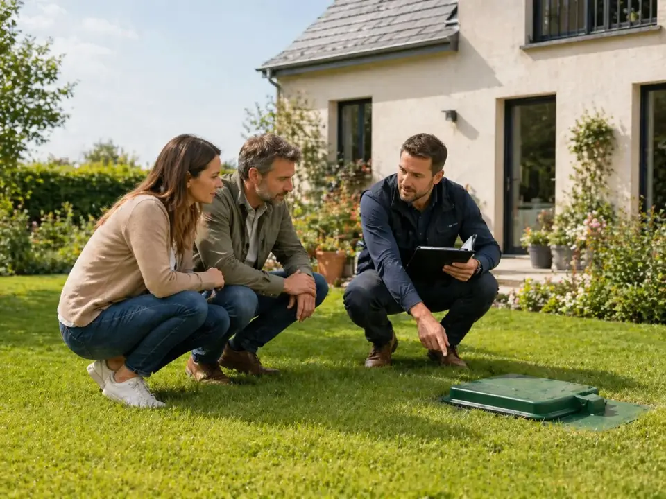 Expert SolNova Ingénierie présentant l'étude à un couple dans leur jardin