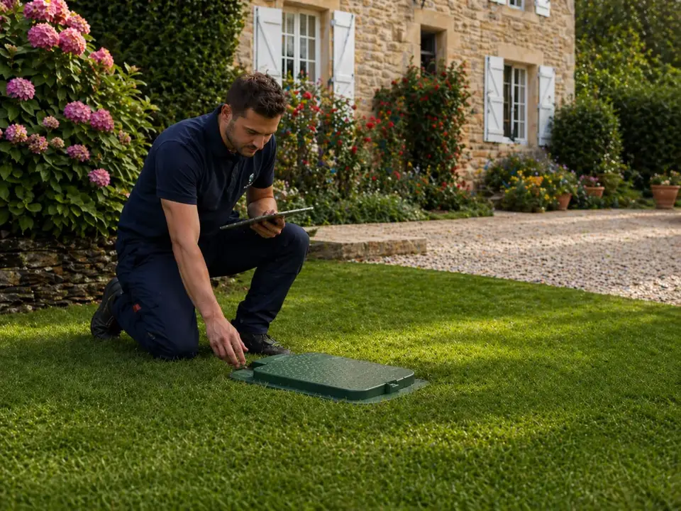 Expert du réseau saisissant ses mesures sur tablette dans un jardin